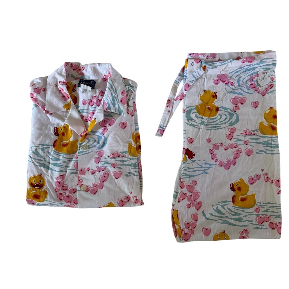 Vtg Y2K Nick & Nora Valentine Heart Rubber Duck Novelty Print Pajama Set M